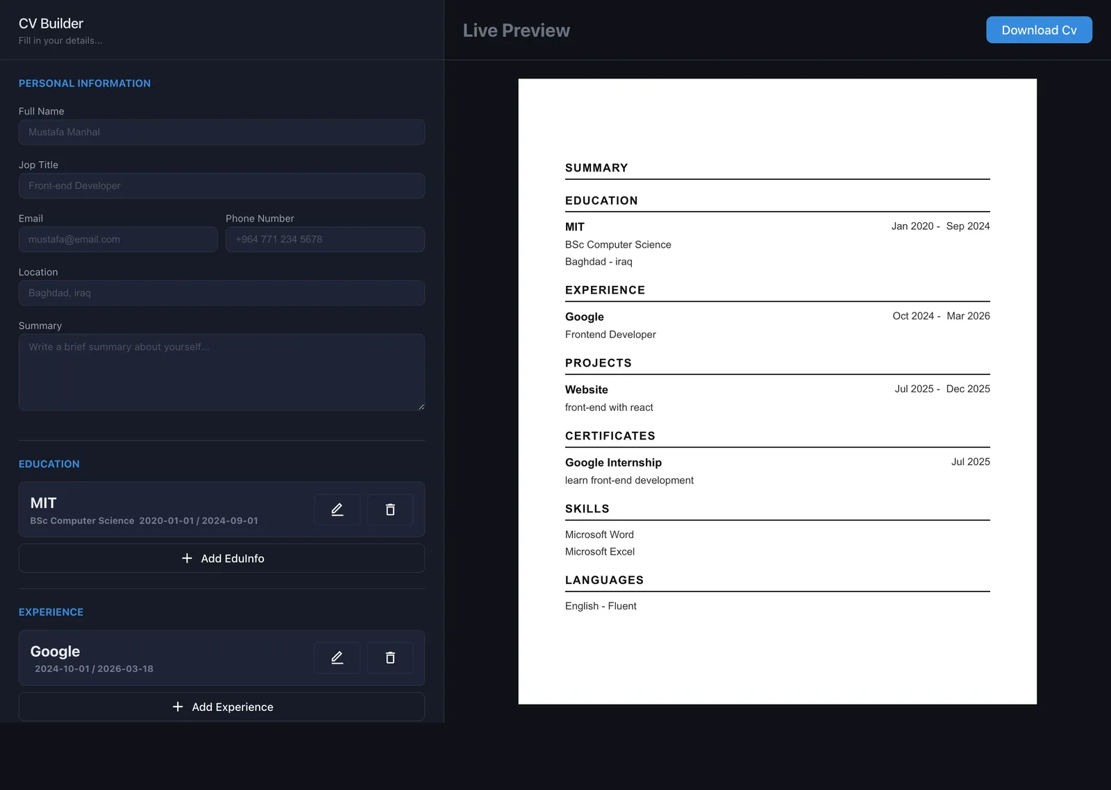 CV Builder preview